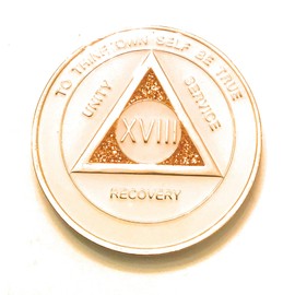 Recovery Line 18 Year AA Medallion - Alcoholics Anonymous- White & Gold, Bling, Glitter, Sobriety, Chip, Token, Coin
