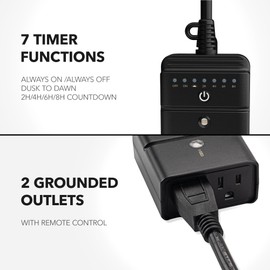 BN-LINK Outdoor Light Timer, Dusk to Dawn Light Sensor Timer, 100 FT Range Remote Control with 2 Grounded Electrical Outlets, Outdoor Timer Outlet Waterproof for Christmas Lights, 15A 1/2HP