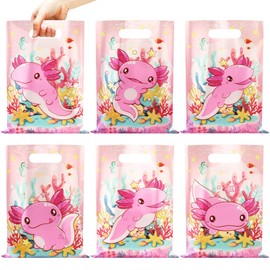 Kolldenn 120 Pcs Axolotl Party Favor Bags Small Plastic Treat Goodie Gift Bags Bulk Pink Amphibian Animals Party Favors with Die Cut Handles for Axolotl Themed Birthday Party Baby Showersupplies