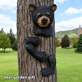 BRYNHILDSANS Black Bear Cub Tree Face Decor Outdoor Statue - Realistic Bear Tree Hugger Sculpture Whimsical Garden Decor Yard Art Trunk Ornament