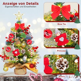 UCAMP Mini Small Christmas Tree, Artificial Christmas Tree with Lighting, LED Table Christmas Tree, as Decoration for Advent and Christmas (45 cm, Red with Gold)