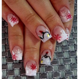 Christmas Glitter French Tip Press on Nails Short Square Fake Nails Winter Xmas False Nails with Xmas Lights Snowflake Designs Sparkly Stick on Nails Full Cover Christmas Acrylic Nails for Women