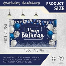 Bagentry Navy Blue and Silver Happy Birthday Backdrop, 70.8" x 43.3" Birthday Banner Backdrop Decorations, Birthday Sign Background Party Supplies for Women Men Outdoor Indoor (Navy Blue and Silver)