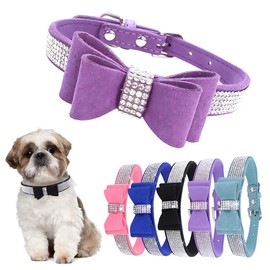 Bowtie Diamante Dog Collar, Pink Dog Collar Adjustable Girls Female Cute Sparkling Crystal Diamond Puppy Collars for Small Medium Large Dogs Light Purple S