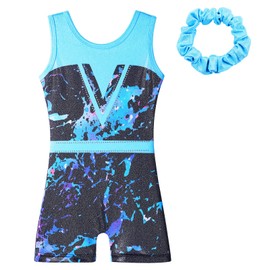 ZNYUNE Gymnastics Biketard Unitard for Girls - Multi-Color Spliced Sparkle Embroidery Shorty Bodysuit 312 BlackBlue 140