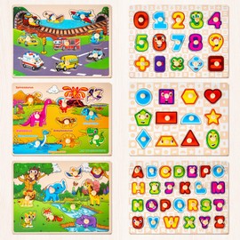 SYNARRY Wooden Puzzles for Toddlers 1-3, 6XSET Puzzles for Toddlers 2-4 with Rack, Learning Alphabet Number Shape Animal Dinosaur Vehicle, Education Toddler Puzzles Toys Gifts for 2 3 Years Boys Girls