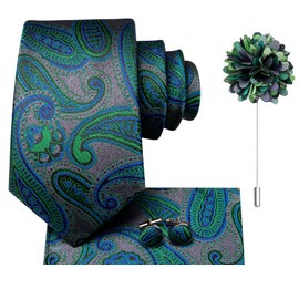 Hi-Tie Green Blue Gray Necktie and Flower Lapel Pin Set Silk Mens Paisley Ties Pocket Square Cufflinks 4PCS Tie for Wedding