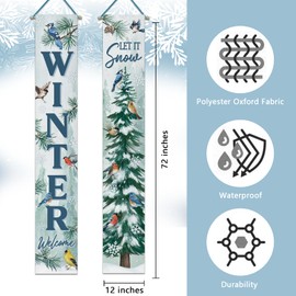 Deroro Winter Welcome Pine Tree Birds Porch Banner Sign, Let It Snow Pine Needle Front Door Decorative Hanging Banner Flag, Christmas Seasonal Decoration Home Outdoor Decor