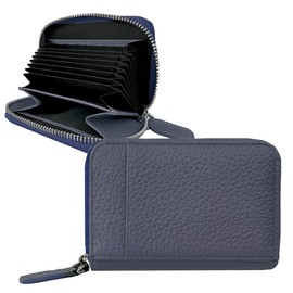 Giselle Card Case, Genuine Leather, Large Capacity, Compact, Bifold Wallet, Small, Thin, Mini Wallet, Jabara, Pass Case, Coin Purse, Women's, Men's, navy