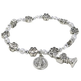 Needzo First Communion Rose Shaped and Faux Pearl Beaded Bracelet, Dangle Divine Mercy and IHS Chalice Pendant, Catholic Jewelry Gift, One Size Fits Most
