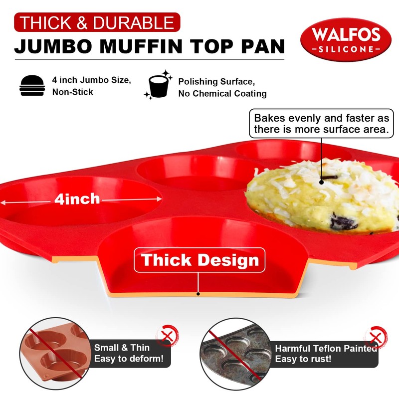 Walfos Silicone Muffin Top Pans for Baking 4inch Jumbo Size,