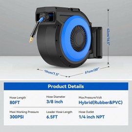 Retractable Air Hose Reel 80FT + 6.5FT, Heavy Duty 3/8" x 80FT Hybrid Air Compressor Hose Reel, Automatic Rewind, 300PSI Wall Mount Hose Reel with Brass Fittings & Bend Restrictors for Garage Workshop