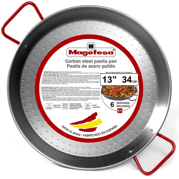 MAGEFESA® Carbon - paella pan 13,5 in - 34 cm and 6 Servings, made in Carbon Steel, with dimples for greater resistance and lightness, ideal for cooking outdoors, cook your own Valencian paella