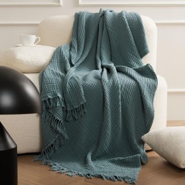 ENJOYBRIDAL Cyan Blue Soft Universal Slipcover - Boho Farmhouse Sectional Couch Cover With Tassels - 4 Layer Washed Cotton Futon Blanket - Washable Multi-Function