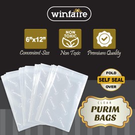 Winfaire Happy Purim Bags - 6" x 12" Purim Cellophane Bags - 32 Pack Purim Cellophane Treat Bags - Includes Metallic Twist Ties - Happy Purim Cello Bags