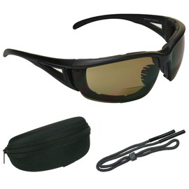 Bikershades Motorcycle Riding Safety Bifocal Sunglasses Foam Padded Men Women Z87 Wind-Proof 3.00 Reader Amber Tinted Black Frame Zipper Hard Case and Eye-Wear Retainer