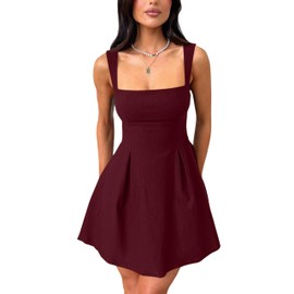 YMDUCH Women's Sexy Sleeveless Square Neck Adjustable Straps Bow Tie A-line Mini Party Club Dress WineRed