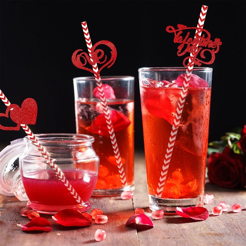 Valentine's Day Paper Straws Red White Striped Drinking Straws