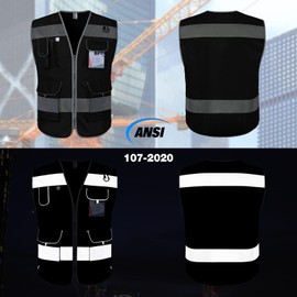 TCCFCCT Safety Vest for Men Women, 9 Pockets High Visibility Reflective Vest for Safety, Work Vest with Reflective Strips, Meets ANSI/ISEA Standards, (Black, X-Large)