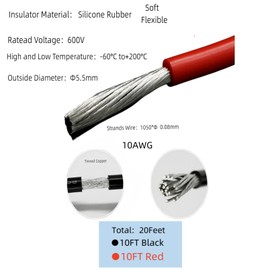 Kenhihi 10AWG Silicone Wire 20ft, Ultra Flexible 10 Gauge Stranded Wire, Tinned Copper - Battery, Automotive, Solar, Inverter (Black 10ft + Red10ft)