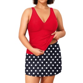 Daci Women Plus Size Tummy Control Tankini with Skirt Two Piece Bathing Suits V Neck Swimsuits Red and Dot 16 Plus