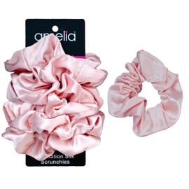 Amelia Beauty, Pastel Pink Imitation Silk Scrunchies, 4.5in Diameter, Gentle on Hair, Strong Hold, No Snag, No Dents or Creases. 6 Pack