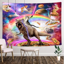 Xguatan Funny Cat Tapestry, Cool Cat Riding Dinosaur on Fantasy Galaxy Space,Cute Hilarious Outer Universe Anime Tapestry for Bedroom Living Room Dorm, Panels 60 x 40 Inch
