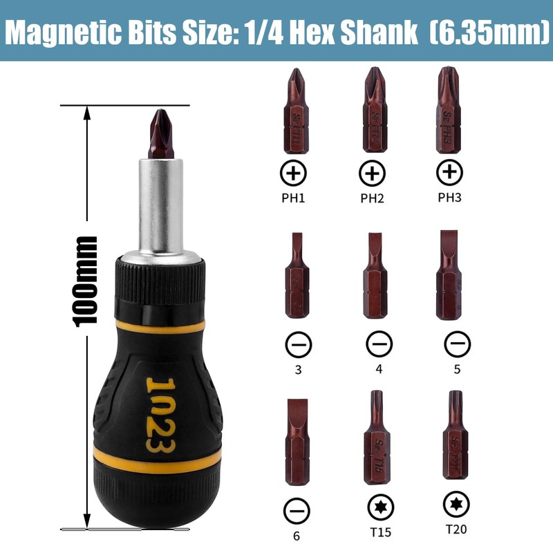 Treki Stubby Ratcheting Screwdriver Set，1/4 Hex 9 In1 Short Handle