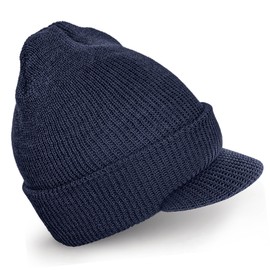 Knit Outdoor Genuine G.I. Winter Beanie Cap with Visor, 100% Knitted Wool, Double-Layer Winter Hat, Made in USA (Navy)