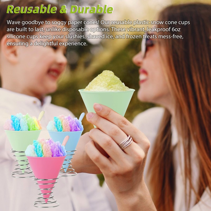(6-pack) Calvana Reusable Plastic Snow Cone Cups Kit, Includes Leakproof