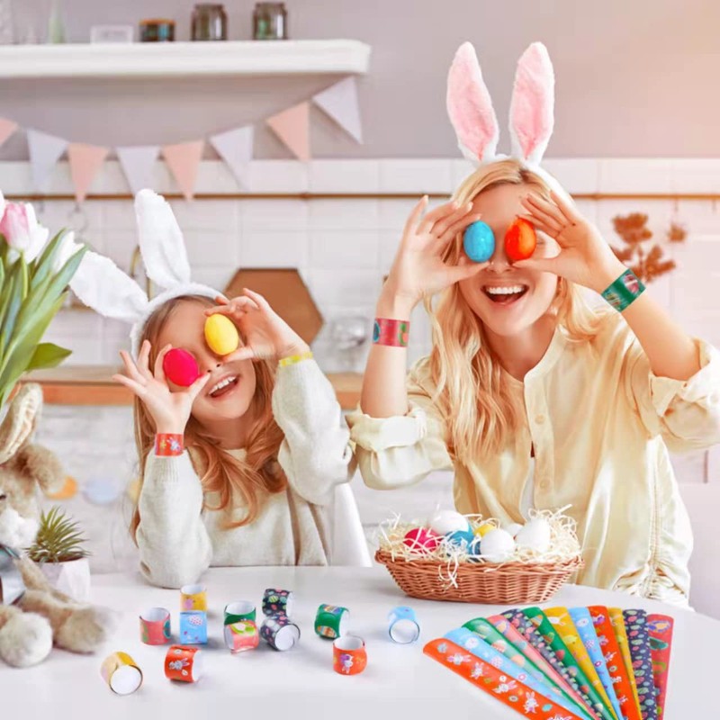 FUSHENMU 48pcs Easter Slap Bracelets Easter Egg Bunny Snap Bracelet