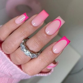 Ombre Press on Nails Pink Glue on Nails Short Square False Nails Gradient Pink Fake Nails with Designs Curve Line French Tip Nails Press on Acrylic Nails Glossy Neutral Stick on Nails for Women 24Pcs