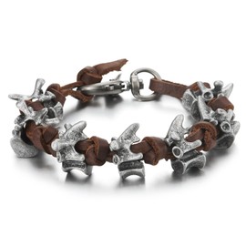 COOLSTEELANDBEYOND Antique Bone Charms Knot Braided Leather Bracelet, Mens Women Brown Wrap Bracelet, Lobster Clasp