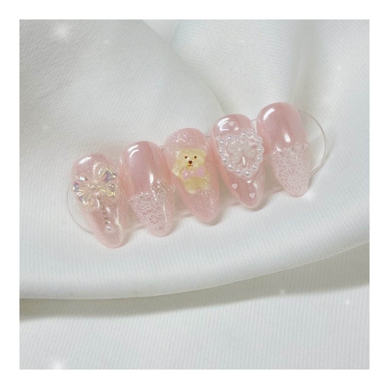 [Handmade Nail Tips] Apricot Lace Nail Tips - Coffin Egg