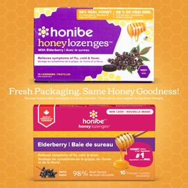 Honibe 100% Pure Honey Lozenges | Made in Canada | Mucus and Cough Relief | With Elderberry | 1 pack (10 lozenges) | Natural Berry