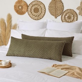 Kevin Textile 14x36 Inch Long Lumbar 1 Pack Boho Decorative Throw Pillow Cover Soft Striped Corduroy Rectangle Cushion Case Farmhouse Solid Color Accent for Living Room Couch Sofa Bed, Olive Green