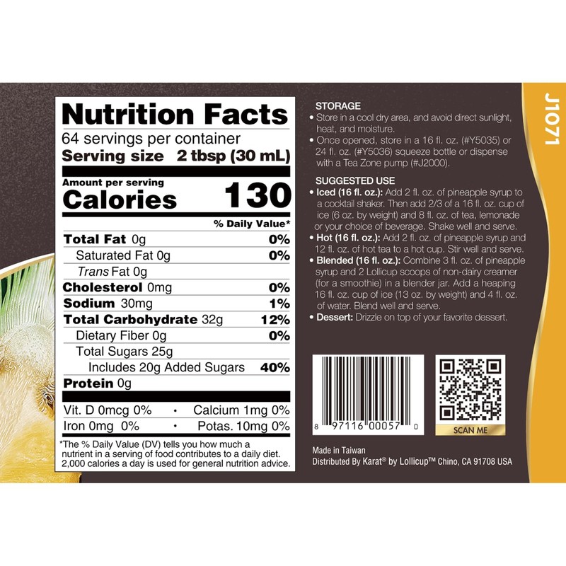 Tea Zone J1071 64 oz Pineapple Syrup for Tea, Beverages,