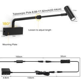 Hudyogy Picture Light for Wall with Retractable Arm, Rotatable Indoor Spotlight Plug in, Dimmable LED Picture Frame Light with Remote Control（2AAABattery Powered,Not Included）, Black Wall Light 2700K