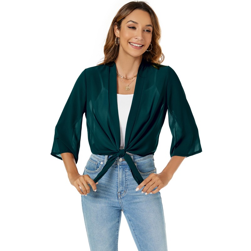 Famrrifuu Women's Bolero Chiffon Shoulder Jacket 3/4 Sleeve Elegant Short