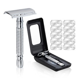 Sendowtek Afeitadora de Bigote Maquinilla de Afeitar de Clasica Rastrillo para Afeitar Hombre Navaja de Afeitar Doble Filo con Stainless Steel Razor Shaver con 10 Cuchillas y Caja de Afeitar con Espejo Interior (Silver)