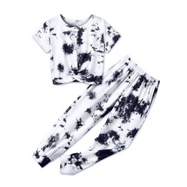 Arshiner Girls Pant Sets Tie Dye 2 Piece Outfits Short Sleeve Twist Front Tops and Sweatpants with Pocket Casual Outfit 10-11 Years