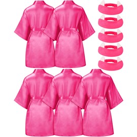 Jecery 5 Pack Kids Birthday Squad Girl Robes Silk Satin Spa Party Robes Flower Slumber Robes DIY Bathrobes with Headband for Party (Rose Red, 8)
