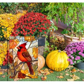 Cardinal Fall Garden Flag 12x18 Inch Double Sided, Small Burlap Autumn Stained Glass Maple Tree Red Bird Thanksgiving Outside Outdoor House Yard Decor