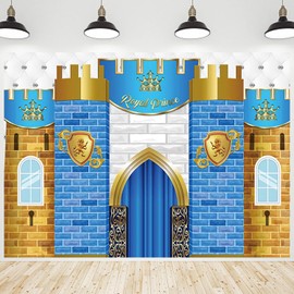 CRTPOD Medieval Castle Backdrop Blue Gold Royal Prince Knight Wall Background Photography Banner for Baby Boy Birthday Medieval Themed Party Decorations Wallpaper Photo Photobooth Props 7x5ft