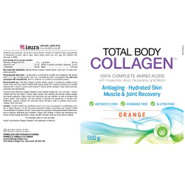 Total Body Collagen - Antiaging, Hydrated Skin, Muscle & Joint Recovery. 100% Complete Amino Acids with Hyaluronic Acid, Glutamine, and Biotin. Orange, 500g