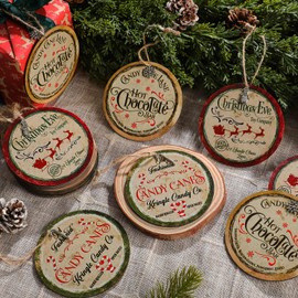 AceOrbit 24 Pcs Vintage Christmas Tags Label 3.9in Wooden Christmas Ornaments with Hemp Rope Xmas Tree Hanging Crafts Tag for Tree Stocking Xmas Party Decoration