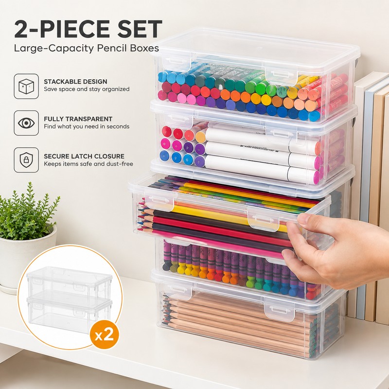 2-Pack Transparent Pencil Boxes for Art & School Supplies –