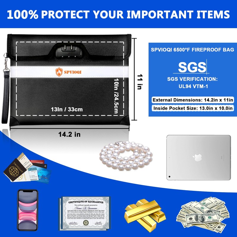 6500°F Upgraded Fireproof Document Bag with Lock, Fire proof Money