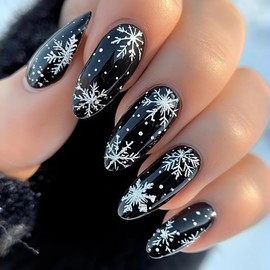 Snowflake Press on Nails Almond Black Glitter Fake Nails Christmas Medium False Nails with Snowflake Designs Acrylic Nails Xmas Glue on Nail Glossy Medium Artificial Stick on Nail for Women