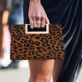 WALLYN'S Clutch Purse for Women Evening Party Metal Grip Cut it out Handbag with Shoulder Chain Strap (Leopard)